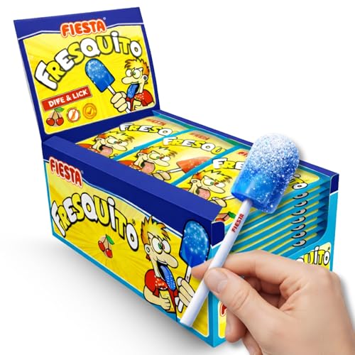 Fresquito Pintalenguas sabor Mora, Caramelo con palo y polvo acidulado, sin gluten, sin huevo y sin lactosa es completamente apto para celíacos, Contiene 1 caja con 120 unidades