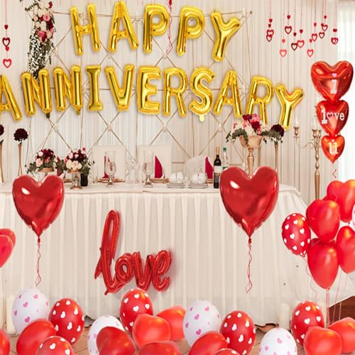 Anniversary Bedroom Decorations: Happy Banner, Red Heart Balloons, and Rose Petals for Celebrations