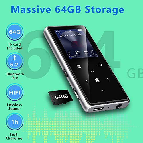 Image of 64GB MP3 Player with Bluetooth 5.2, AiMoonsa Music Player with Built-in HD Speaker, FM Radio, Voice Recorder, HiFi Sound, E-Book Function, Earphones Included