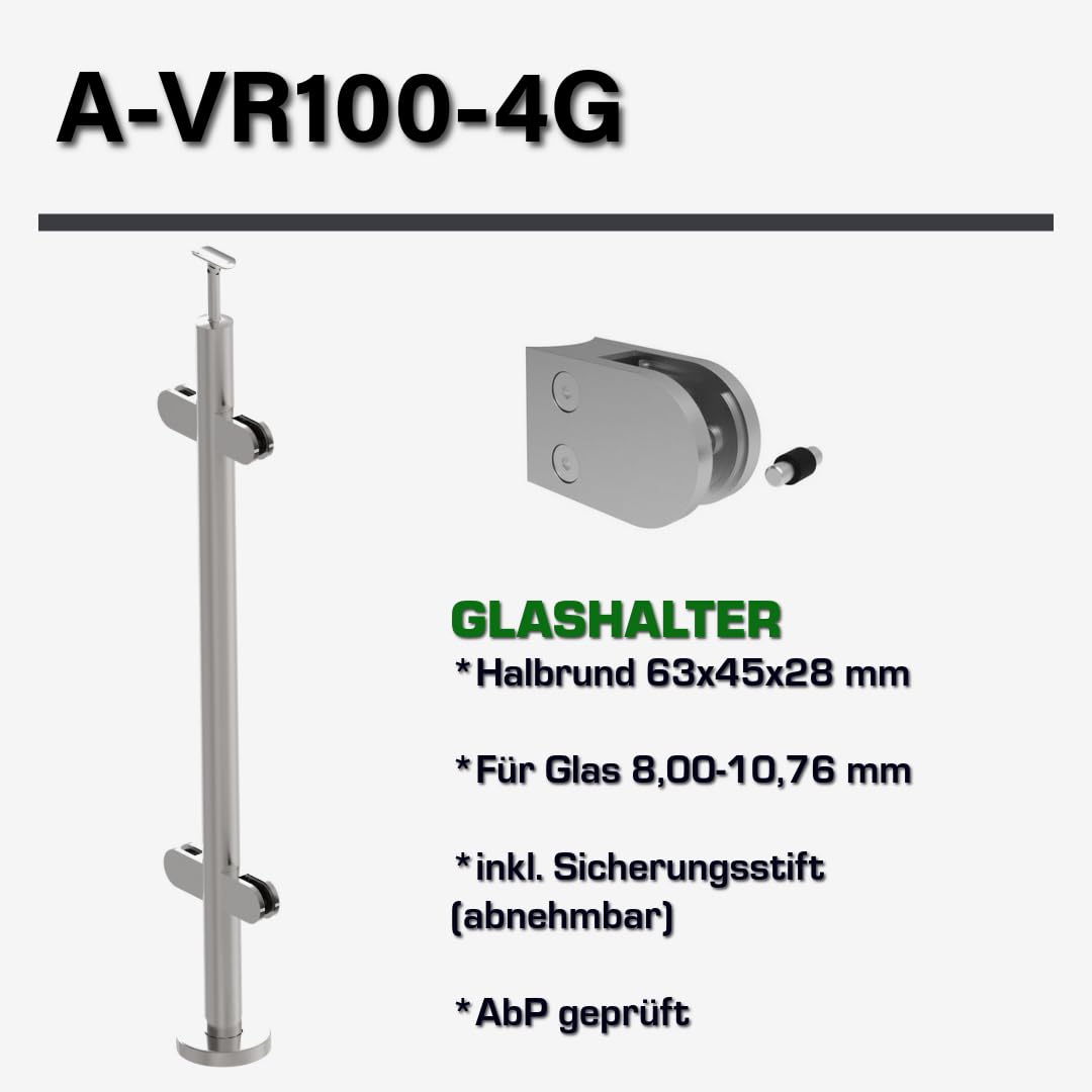 Sellon24 Edelstahl Geländerpfosten Mittelpfosten Ø42,4 Bauhöhe 1000mm mit Glasklemmen 63x45mm Geländer V2A geschliffen K320 (A-VR100-4G) (Glasstärke: 10,0mm)