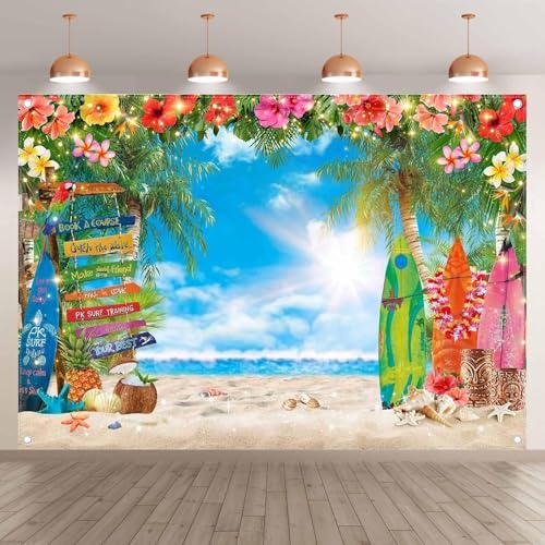 YCUCUEI 7x5ft Summer Hawaiian Beach Photography Backdrop Tropical Flower Palm Leaves Surfboard Background for Luau Aloha Party Decoration Banner Photo Booth