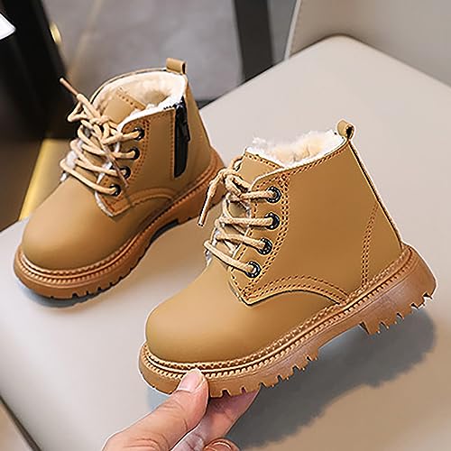 DIYCAM Toddler Girls Lace-up Combat Ankle Boots Low Heel Short Booties Outdoor Winter Boots with Side Zipper Boots Solid Color Furry Linling Short Boots2