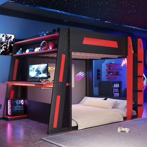 Image of GDFStudio Queen Over Queen Bunk Bed Frame with Desk, USB and LED Light, Solid Wood Gaming Bunk Bed Queen Size with Storage Shelves, High Loft Bed Queen Size with Under Entertainment Space, Black+Red