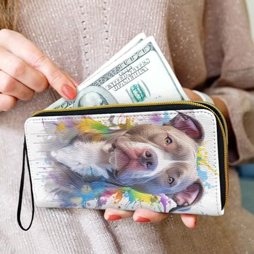 Pitbull Dog Wallets for Women Watercolor Dogs Painting Zipper Long Wallet Clutch Coin Pocket, Color Splatter Paint Puppy Print Ladies Long Purse Credit Card Holder3