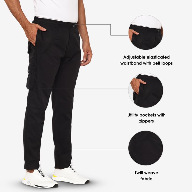 Image of SAPPER Regular Fit Cotton Cargo Pants for Men| Utility Pockets with Zippers| Elasticated Waistband with Belt Loops & Internal Drawcords| Also Available in Plus Sizes | L to 5XL