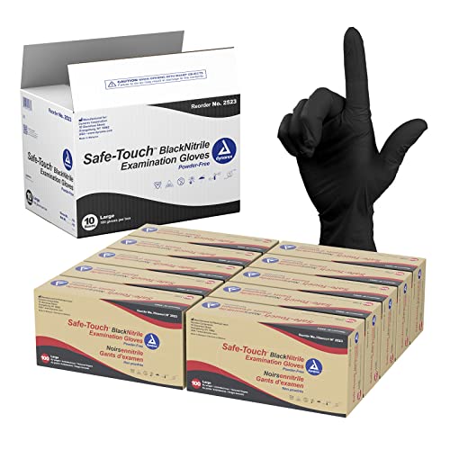 Dynarex Safe-Touch Black Disposable Nitrile Exam Gloves, Powder-Free, Used in Healthcare & Professional Settings, Law Enforcement, Tattoo, Salon or Spa, Large, 1 Case, 10 Boxes of 100 Gloves