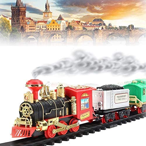 Choo Choo Classical Train Set – Electric Train Toy for Boys Girls Smokes, Lights & Sound, Railway Kits w/ Steam Locomotive Engine, Cargo Cars & Tracks Old Kids