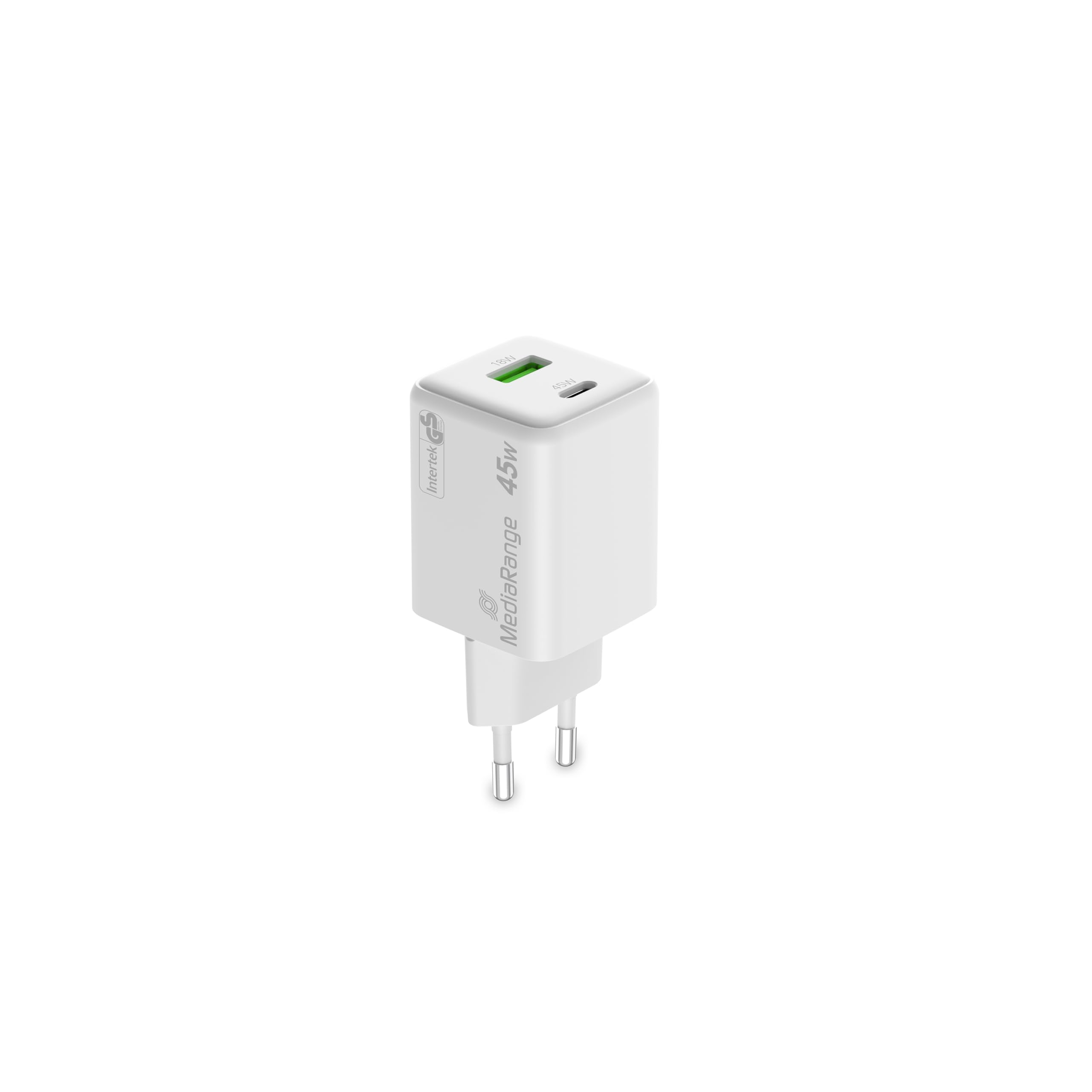 MediaRange GaN Adapter do Szybkiego Ładowania 45W (Wtyczka UE) z USB-C i USB-A, Power Delivery i Quick Charge™, Biały