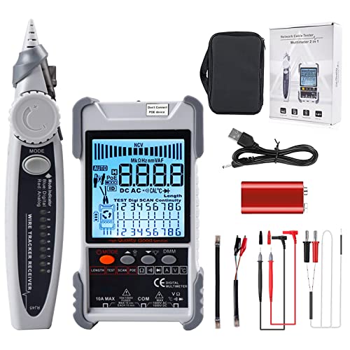 2in1 Network Cable Tester & Digital Multimeter, LCD Display Multifunction Ethernet Wire Tracer with PoE & NCV & Lamp for CAT5 CAT6, Probe Toner Length Measuring Voltage Tester Tool for Home Repair