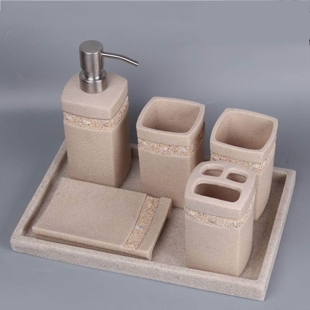 Estilo Moderno Juego de Accesorios de Baño de Resina Conjunto de Baño con Porta Cepillo de Dientes, 2 Tazas, Dispensador de Jabón Líquido, Jabonera, Arena Creativa,with Right Angle Tray