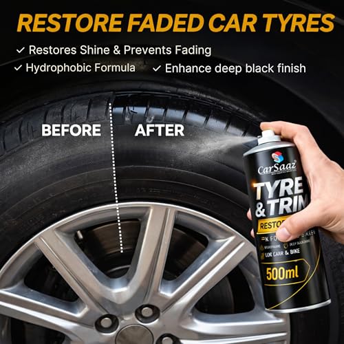 Image of CAR SAAZ Tyre & Trim Restorer Spray 500ml | Tyre Shine, Plastic & Rubber Restorer for Car, Bike | Revives Faded Tyres, Trim & Bumpers | UV Shield, Restores Gloss, Protects from Fading