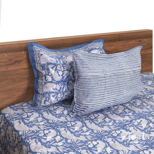 Image of TOAI Bedsheet for Double Bed King Size 108 inch x 108 inch |100% Pure Cotton 210TC | Hand Block Printed Jaipuri Bed Sheet | 2 Reversible Pillow Covers 18 inchx27 inch |Blue White Parrots