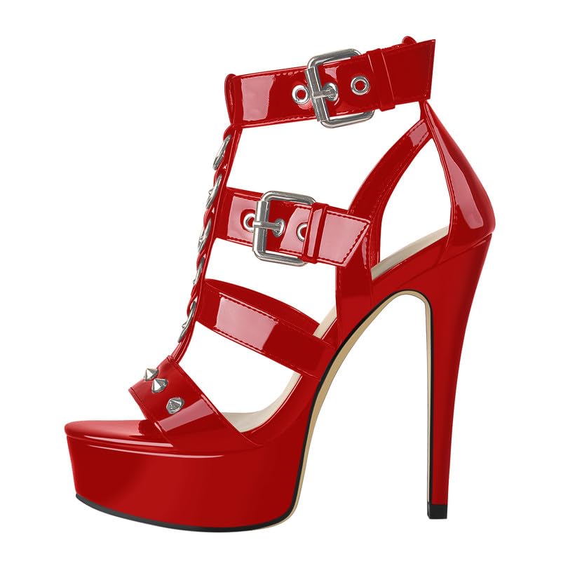 Only maker Sandali da donna effetto laccato, con tacco a T nero, con borchie