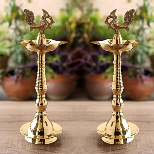 Image of Indian Art Villa Pure Brass Shine Finish Stand /Pillar Diya /Deepak /Lamp /Lantern with Peacock Design, Pooja, Home Decor & Diwali Gift Item, Height-12 Inches, Set of 2