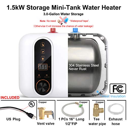 Electric Hot Water Heater 110/120V Small Compact Tank Storage,Rv Tr 2.5-3.0 Gallon Trailer 1.5Kw Kitchen Instant Under Sink Counter Cupboard, Rv 1 Pcs 16” Long 1/2”Fip Stainless Steel Water Hose 11L #TOP2