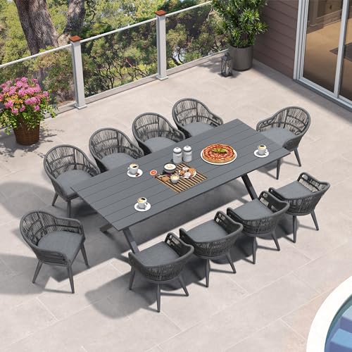 Image of PURPLE LEAF 11 Pieces Patio Dining Set with Outdoor Aluminium Dining Table and Woven Rattan Chairs Modern Metal Furniture Cushions Sets for Garden Yard Indoor Decor Kitchen Grey