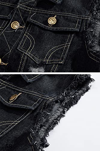 Image of ebossy Men's Ripped Distressed Denim Vest Sleeveless Button Up Jean Vest Jacket (Medium, Solid Black)