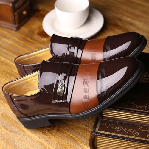 Men's Printing Pointed-Toe Patent Leather Derby Oxford Shoes, Classic Round Toe Soft Bottom Slip-On Business Work Loafers Plus Size Casual Business Low Top Pointed Toe Breathable Suit Shoes3