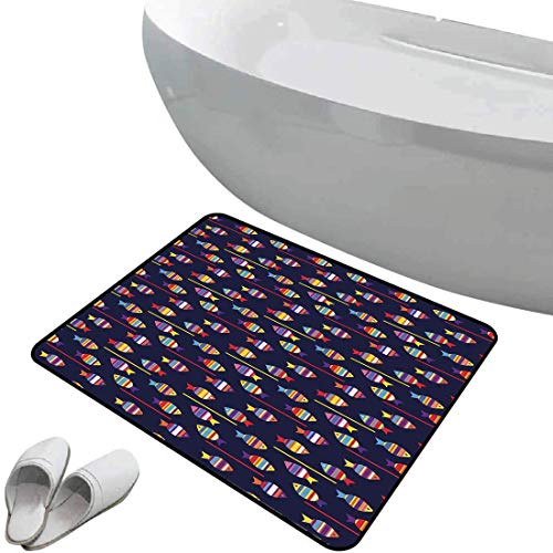 Alfombra de baño antideslizante Pez suave antideslizante Arco Iris con dibujos de criaturas acuáticas Siluetas y rayas Acuario de fauna marina,multicolor Para ducha Felpudo Dormitorio Sala de estar Co