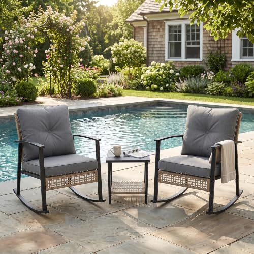 TARKARI 3-Piece Patio Rocking Chairs Set of 2, Rocking Chair Bistro Set [Upgraded 2.0] & 2-Tier Coffee Table, Wicker Rocking Chair Outdoor Patio Furniture Set for Backyard, Porch, Balcony (Grey) - image 1