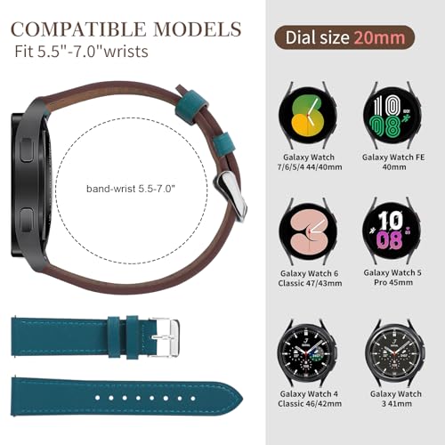 Italy Genuine Leather Watch Bands Compatible with Samsung Galaxy Watch 7 6 5 4 40mm 44mm, 5 Pro 45mm, 6 4 Classic Active 2, 20mm Quick Release Leather Watch Straps Replacement Band for Women Men