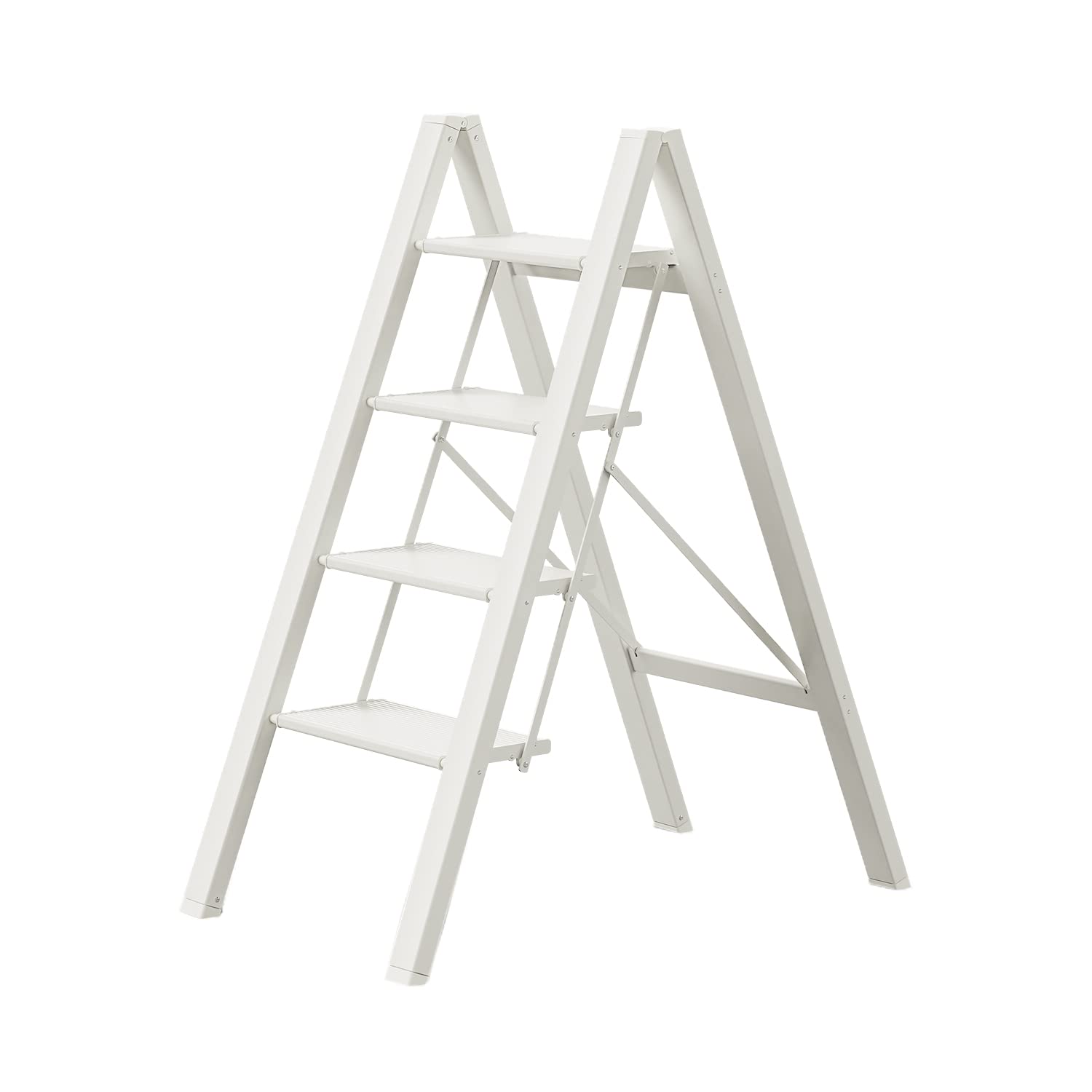 GameGem 4 Step Ladder, Aluminum Folding Step Stool with Anti-Slip Sturdy and Wide Pedal, Lightweight Portable Stepladder for Home and Kitchen Use, Cream White, 330 lbs