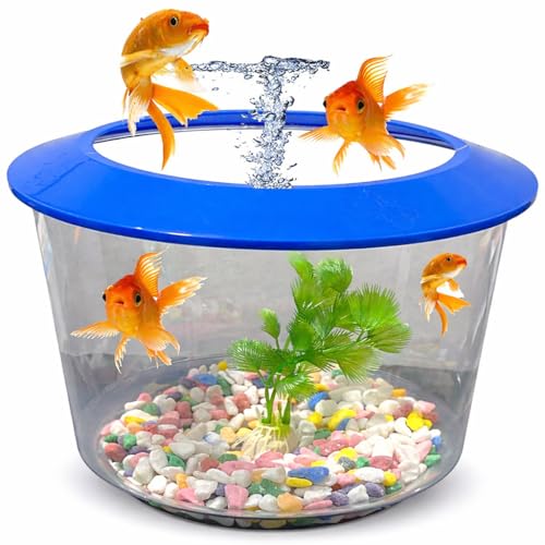 Pet Guru Premium Crystal Clear Fish Bowl Aquarium with Lid Decorative Gravel and Plant Included Durable Plastic Perfect for Goldfish (Blue)