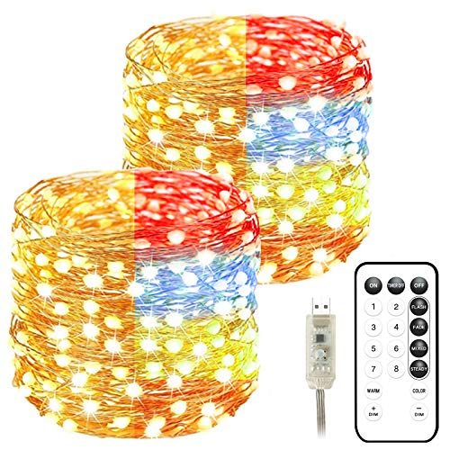 LED String Lights Plug in,40FT 2Packs Waterproof Fairy Lights with Remote and Timer USB,Twinkle Lights Dimmable for Bedroom Patio Christmas Wedding Party Indoor Outdoor Decor (Warm White+4 Colors)