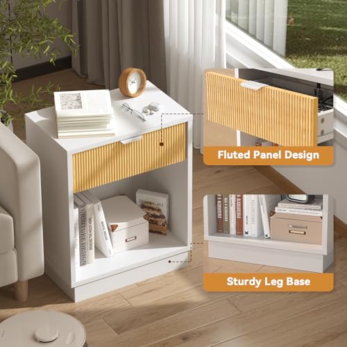 Image of Fluted Night Stand Set 2, Large Wood Bedside Table Set of 2 Nightstands Set of 2 with Drawer and Storage Shelf for Bedroom, Small Spaces