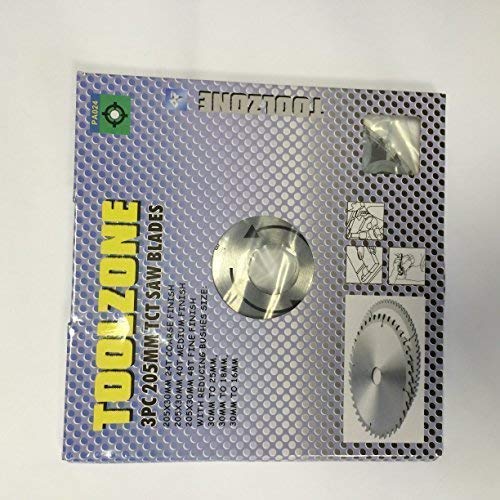 Toolzone 3 Piece 205mm TCT Saw Wood Cutting Blades with reducing (adapters) Bushes