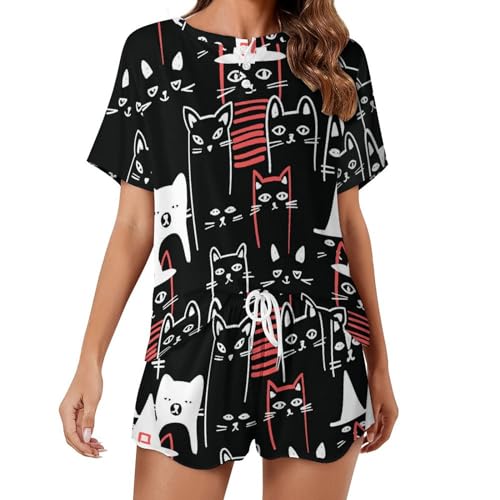 Pyjama de nuit femme manches courtes anti-chaleur motif chat