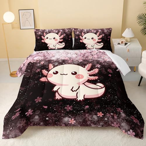Image of QOOMO Kawaii Axolotl Kids Comforter Set Full Size,Cute Animal Print Bedding Set for Boys Girls Room Decoration,Pink Bed Set Microfiber Lightweight All Season,1 Comforter Set 2 Pillowcases