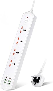 3M/9.84FT Extension Lead 4 AC Way With Fast Charger 4 USB+2 Type-C Slots(5V 4.2V),3000W 13Amp UK Plug Power,Protected Extension Cord,Power Strip for Home Office (White)