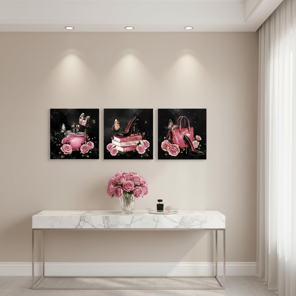 OuElegent Pink and Black Canvas Wall Art Fashion Wall Decor Handbag Perfume Pictures Fashion Paintings for Women, Set of 3, 12 x 12 in (Pink)