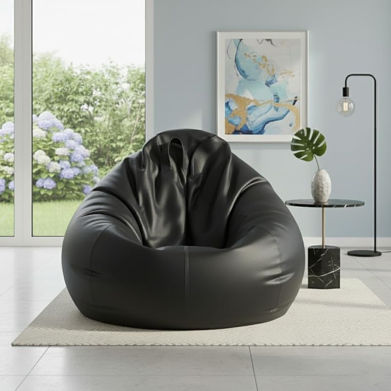 Image of LEXAVI Brand - XXXXXXL Jumbo Bean Bag Chair with Footrest Premium Imported Soft Faux Leather, Extra Comfortable and Big Size to Other Bean Bags Without Beans (Cover Only) I Color- (6XL-Black)