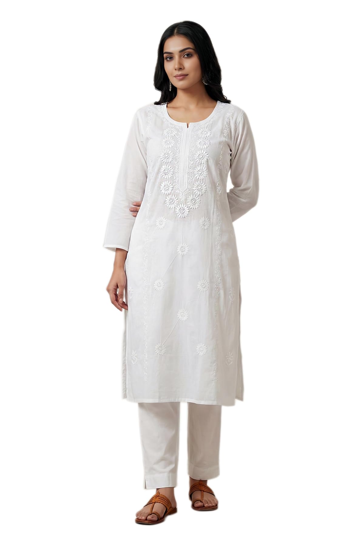 Women's White Pure Cotton Lucknowi Chikankari Handicrafted Kurti Ethnic Wear Daily & Office Wear Kurta-image-26