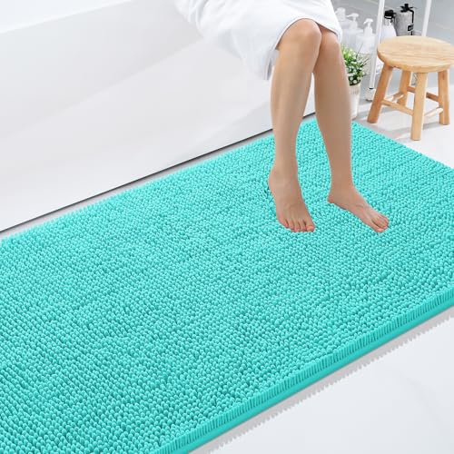 Smiry Luxury Chenille Bathroom Rugs 59x35, Extra Soft and Absorbent Shaggy Bath Mat, Machine Washable, Non-Slip Plush Carpet Runner for Tub, Shower, and Floor, Home Decor Accessories, Turquoise