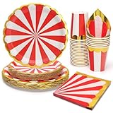 PARTY GO Vajilla Desechable de Circo Para Fiestas, 96 Piezas Incluye Platos, Vasos y Pañuelos, Para Fiestas de Cumpleaños, Vacaciones, Bodas, Decoraciones de Graduación Para 24 Personas,Rojo Blanco