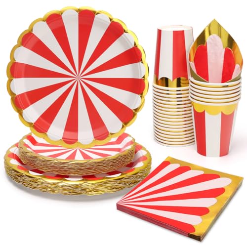 Party Go Vajilla Desechable De Circo Para Fiestas, 96 Piezas Incluye Platos, Vasos Y Pañuelos, Para Fiestas De Cumpleaños, Vacaciones, Bodas, Decoraciones De Graduación Para 24 Personas,Rojo Blanco