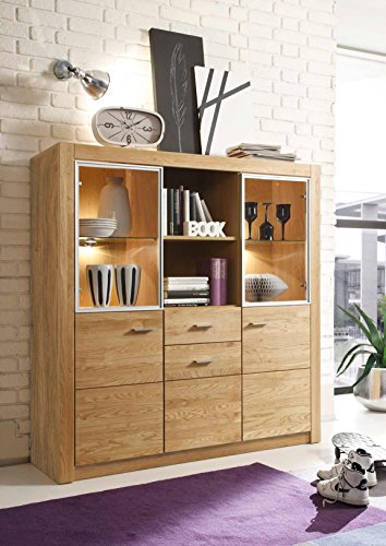Preisvergleich Produktbild lifestyle4living Highboard, Kommode, Sideboard, Anrichte, Hochkommode, Flurkommode, 4-türig, Schubladen, Asteiche, massiv, teilmassiv