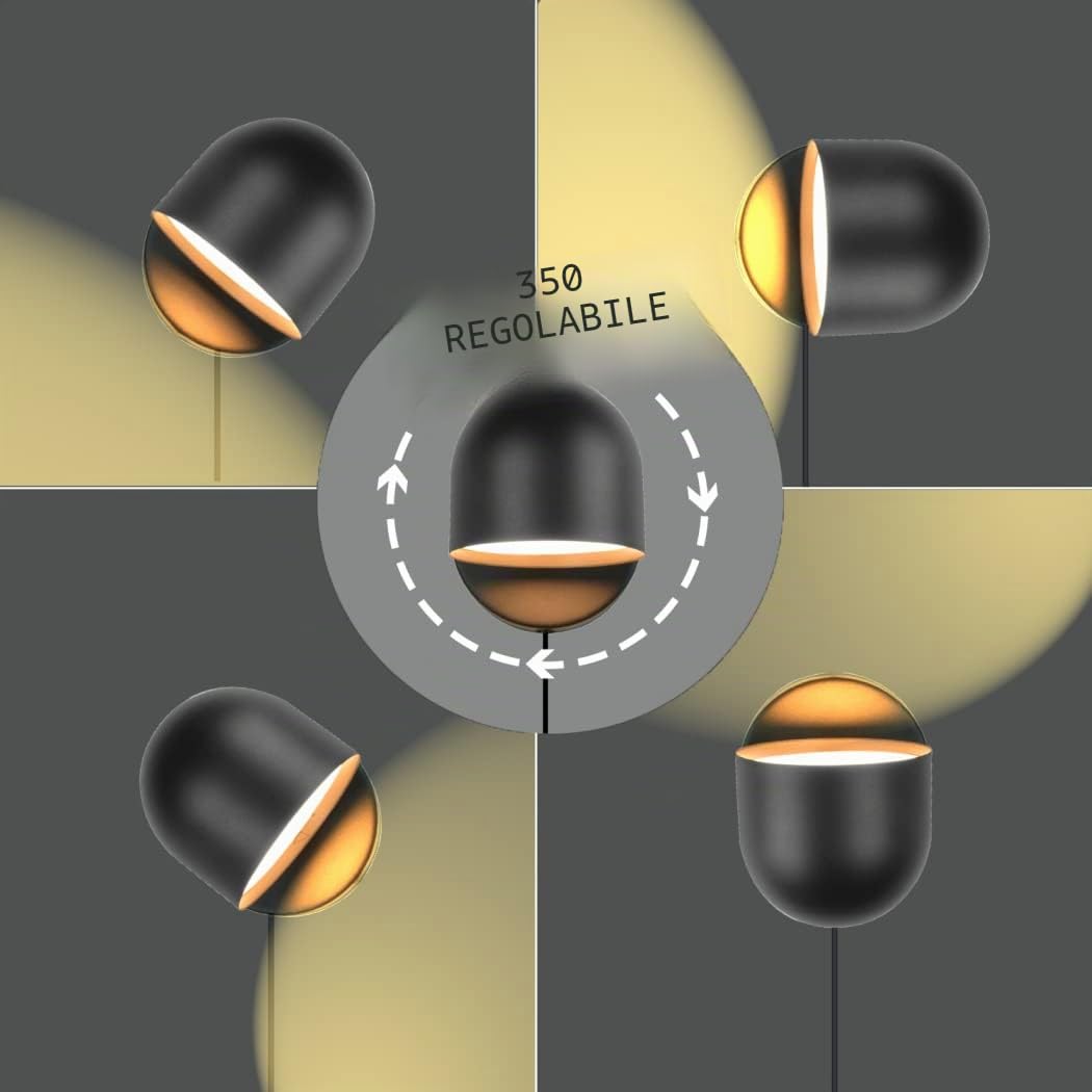 12W Applique da Parete con Spina, LED Touch Dimmerabile, 3000K, Nero | Lampada da Parete, Lampada da comodino, Luce da Lettura Orientabile, Cavo 1.8m, Camera da Letto, Soggiorno, Ufficio