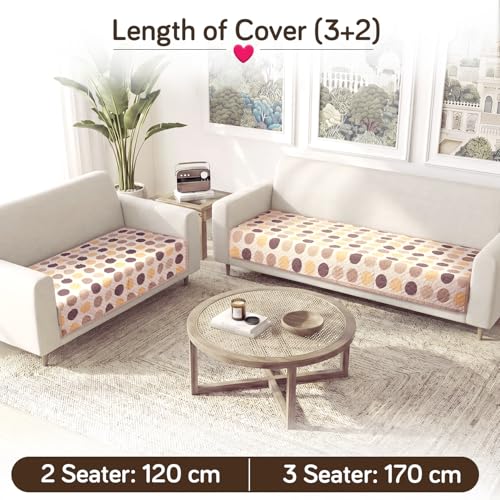 Image of HOKIPO 'Homehues Series' Printed Quilted 5 Seater Sofa Cover Set - Washable 3+2 Sofa Cover Mat | Brown Polka Dot (IN-807 + IN-809 - D4)