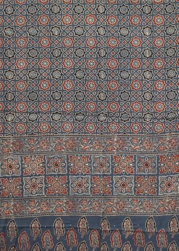 Image of Ethnics of Kutch Womenss Ajrakh Modal Silk Natural Dye Hand Block Print Saree with Blouse Piece - 5.5 Mtr Length