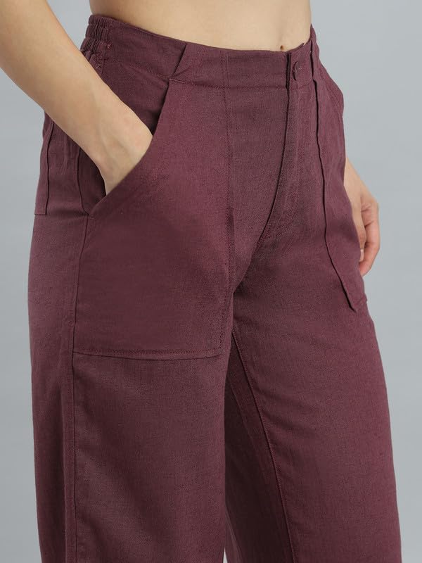 Image of GO COLORS Solid Linen Cargo Pants for Women | Full Length, Mid Rise, Side Pockets