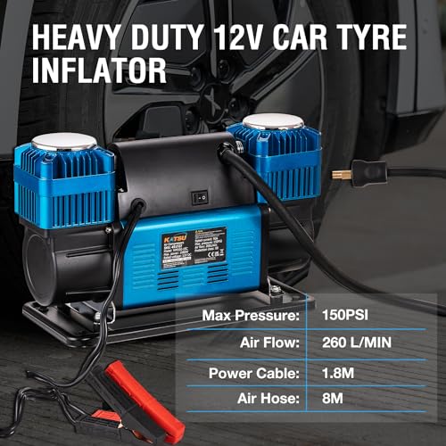 KATSU Tools Profesional Inflador de Neumáticos de Coche con Doble Pistón, 150 PSI 12V 90Amp Portátil Gran Volumen Compresor de Aire Bomba de Neumáticos para 4WD Auto Van Camiones Inflables - imagen 4