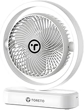 Toreto NeuraFan Portable Table Fan with LED Night Light, 1800mAh Rechargeable Battery, 270° Auto Oscillation, 120° Manual Tilt, 3 Speed Modes, Type-C Charging, 4.5W ABS Body, White