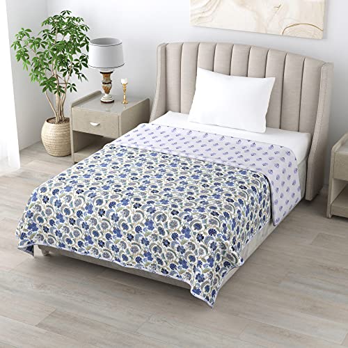 Image of Dohar Single Bed Cotton 100% Cotton Reversible AC Blanket Cotton Single Bed Cotton Quilt Single 180 GSM Cotton Dohar Single Light Weight Soft Blanket Pink (White /Blue)