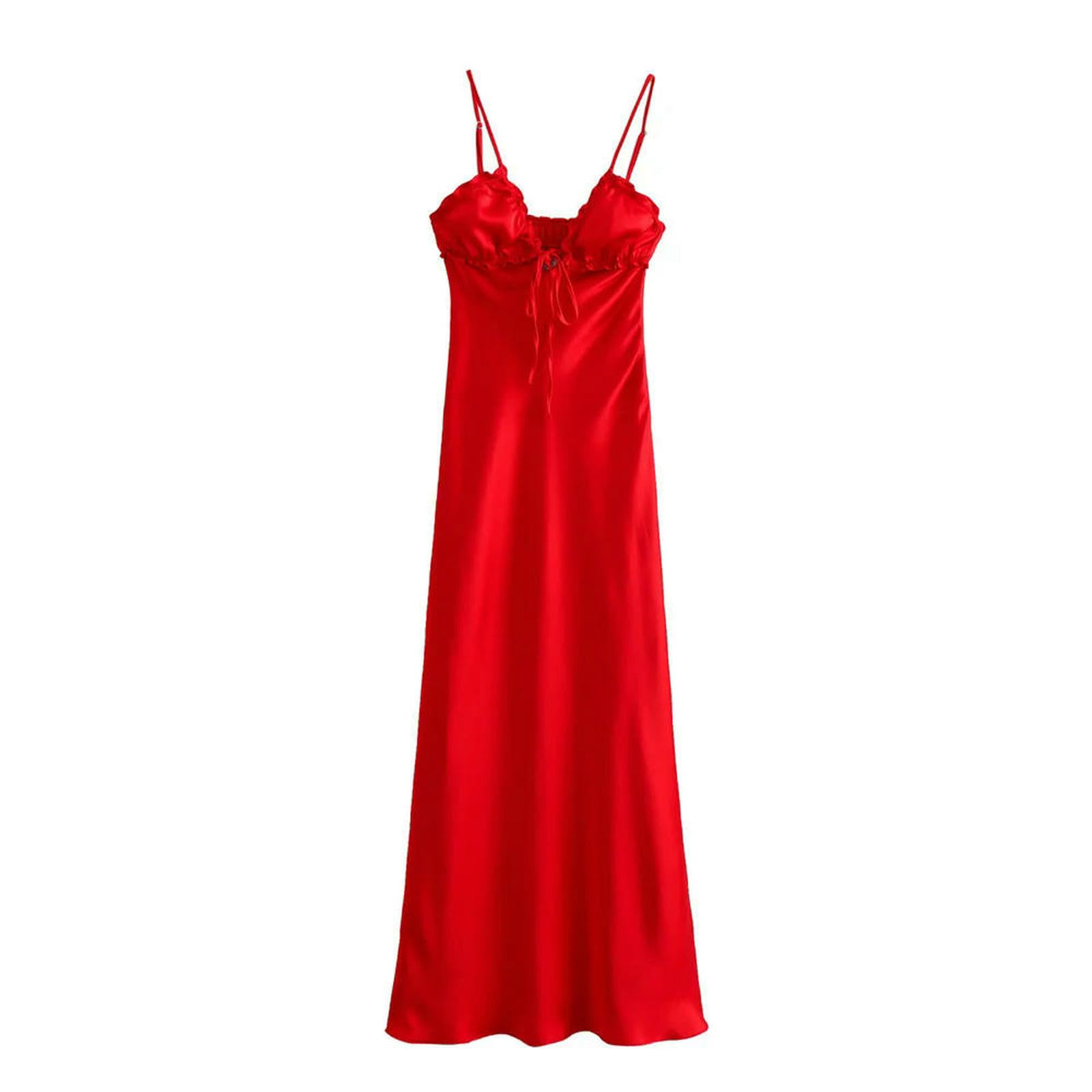 Abito Donna Invernale Abito da Filo Raso Francese in Stile Francese da Donna Estivo Abito A Sling Sexy Apripista Lungo Midi-Rosso-XS