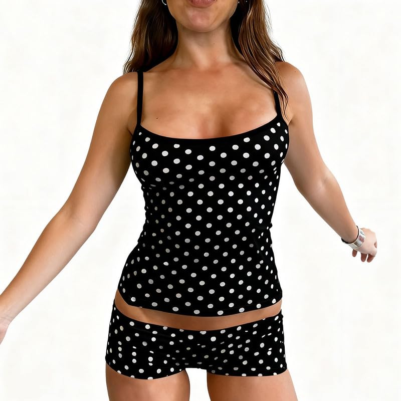 Image of Womens Y2K Cute Print Cami Pajama Sets Lace Trim V Neck Tank Top Shorts Set Bow Heart Print 2 Piece Sleepwear