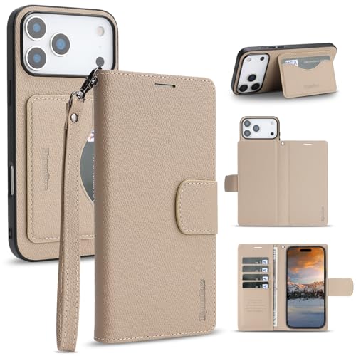 �yRFID �J�[�h���[�z iPhone 17 Pro Max �p �P�[�X 2in1 �蒠�^ PU���U�[ �}�O�l�b�g �J�����ی� �X�g���b�v�t�� �ϏՌ� �A�C�t�H��17�v���}�b�N�X �J�o�[ (�x�[�W��)